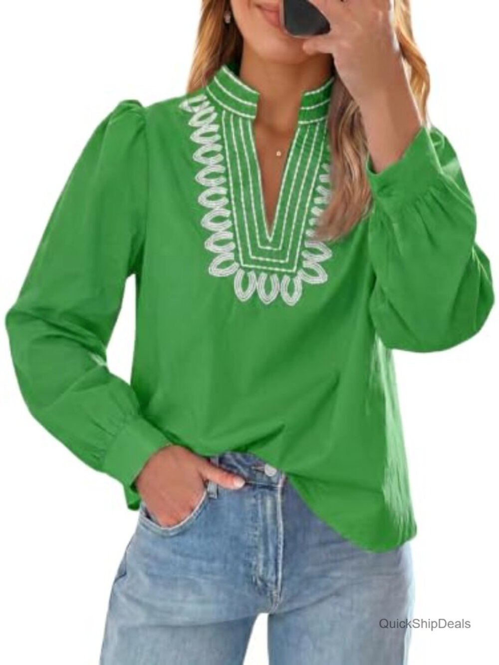 Womens Puff Long Sleeve Embroidered V Neck Blouse Casual Top